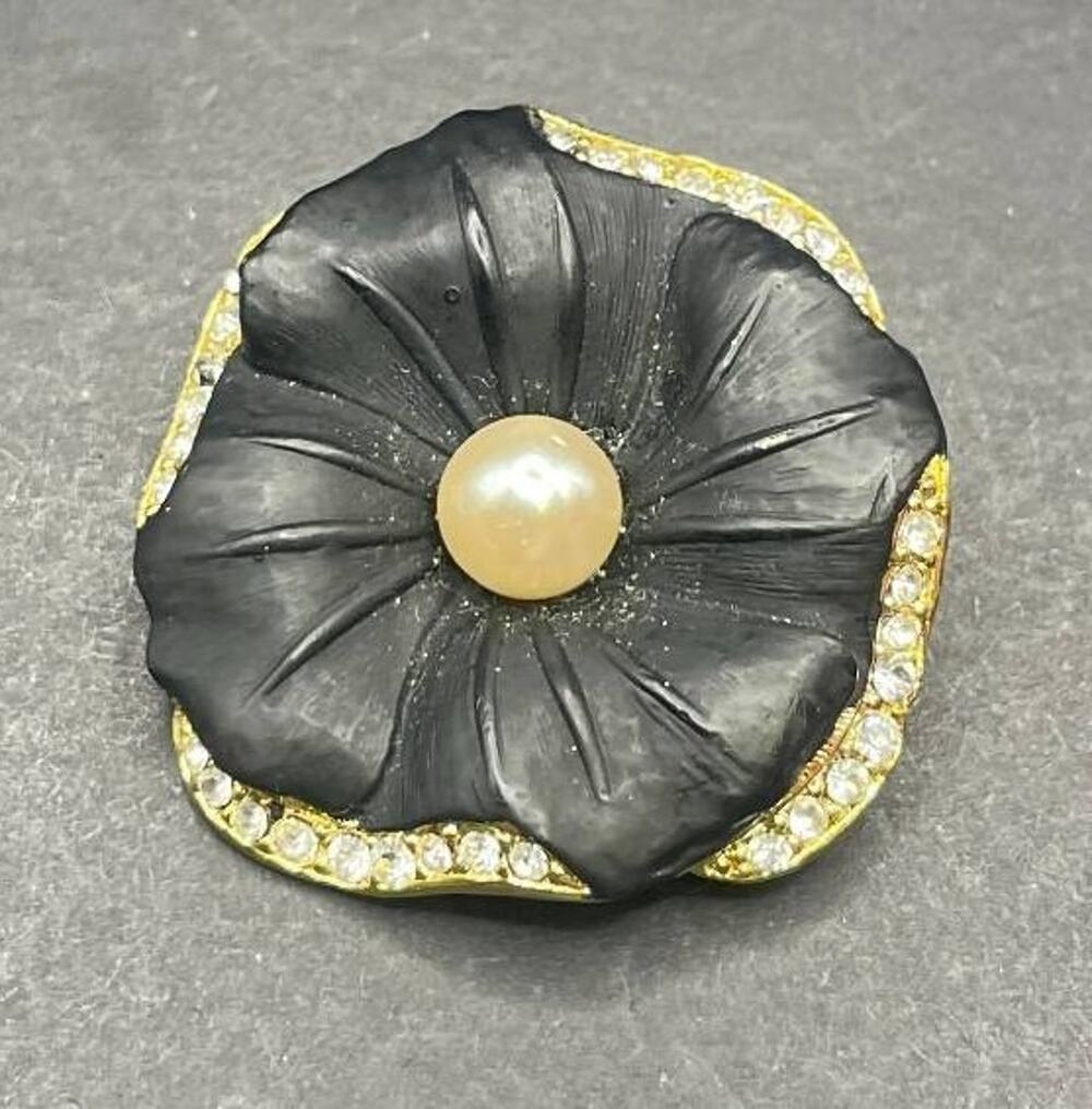 Black Carved Flower Brooch Pin Faux Pearl Center Rhinestone Gold Tone Accent